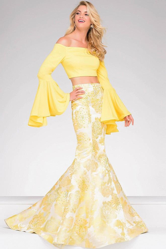 Jovani Long Bell Sleeve Two-Piece Mermaid Gown 48922 - 2 pcs Yellow In Size 4 and Size 6Available CCSALE 4 / Yellow