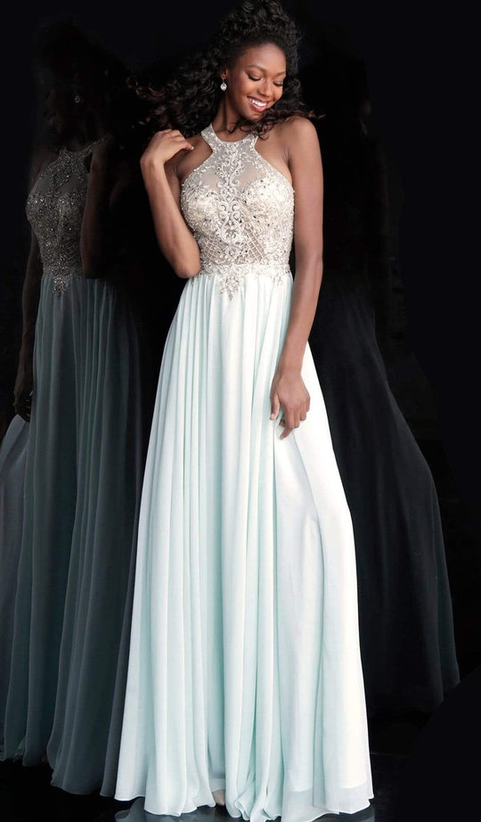 Jovani - Long Illusion Ornate Halter Chiffon Dress JVN67245SC - 1 pc Mint In Size 4 Available CCSALE 4 / Mint