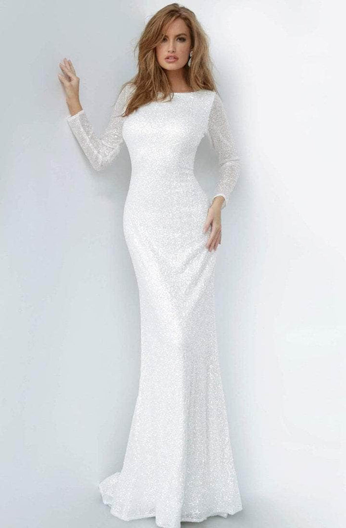 Jovani - Long Sleeve Glitter Evening Dress 2927SC - 1 pc White In Size 0 Available CCSALE 0 / White