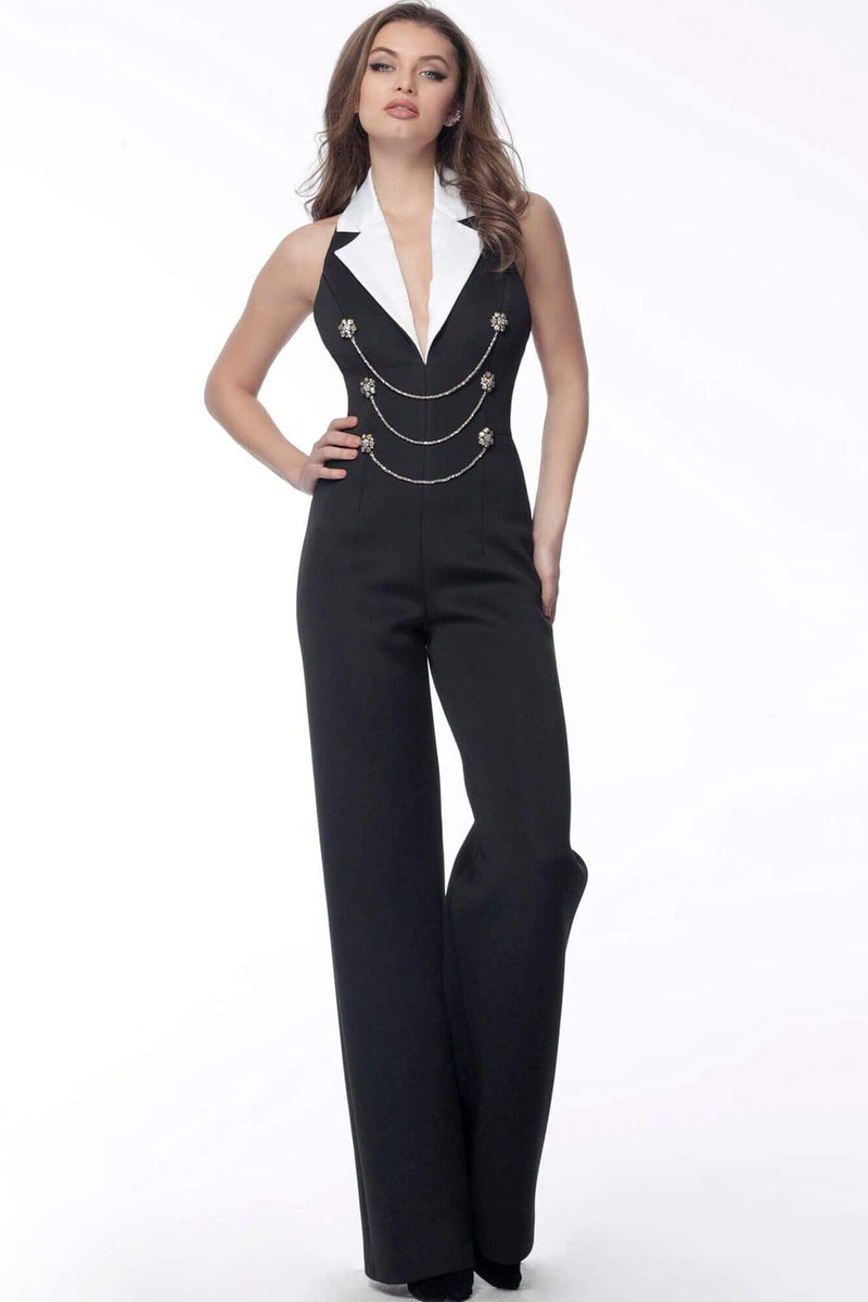 Jovani - M65548 Plunging V-Neck Collared Jumpsuit – Couture Candy