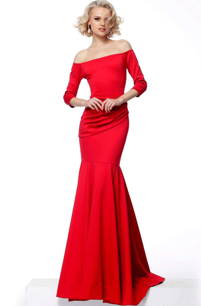Jovani - Off-Shoulder Draped Waist Mermaid Dress 68416 - 1 pc Red In Size 10 Available CCSALE 10 / Red