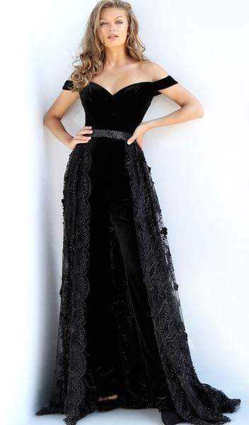 Jovani - Off Shoulder Velvet Jumpsuit Overskirt Gown 58964 - 1 pc Black In Size 4 Available CCSALE 4 / Black