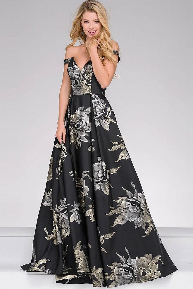 Jovani - Off the Shoulder Flora Print Prom Ballgown 48361 Special Occasion Dress 0 / Black
