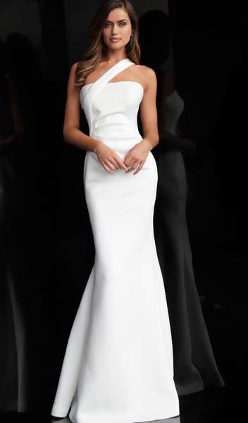 Jovani - One Shoulder Asymmetrical Strap Scuba Prom Dress 63750 - 1 pc Wine in Size 8 and 1 pc Off-White in Size 12 Available CCSALE 12 / Off-White