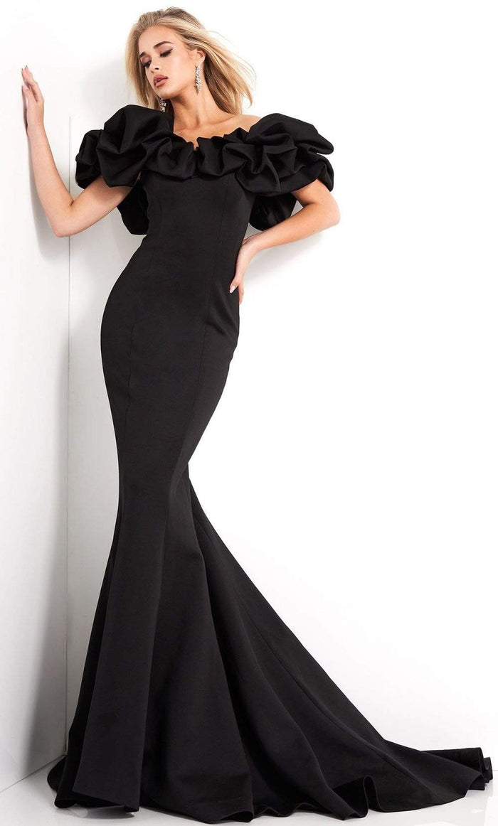 Jovani - Oversized Ruffle Off Shoulder Dress 04368SC - 1 pc Black In Size 14 Available CCSALE 14 / Black