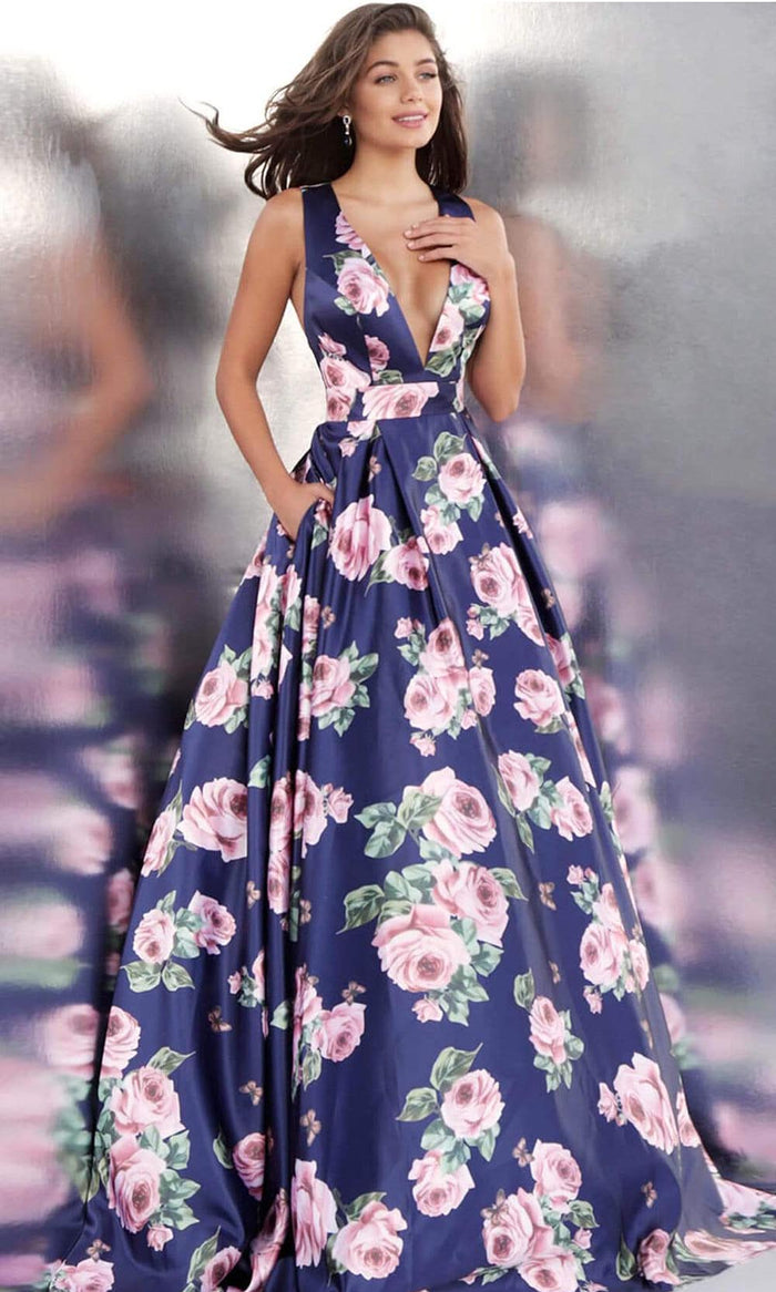 Jovani - Plunging Blossom Print Ballgown JVN66938ASC - 1 pc Navy/Print In Size 0 Available CCSALE 0 / Navy/Print