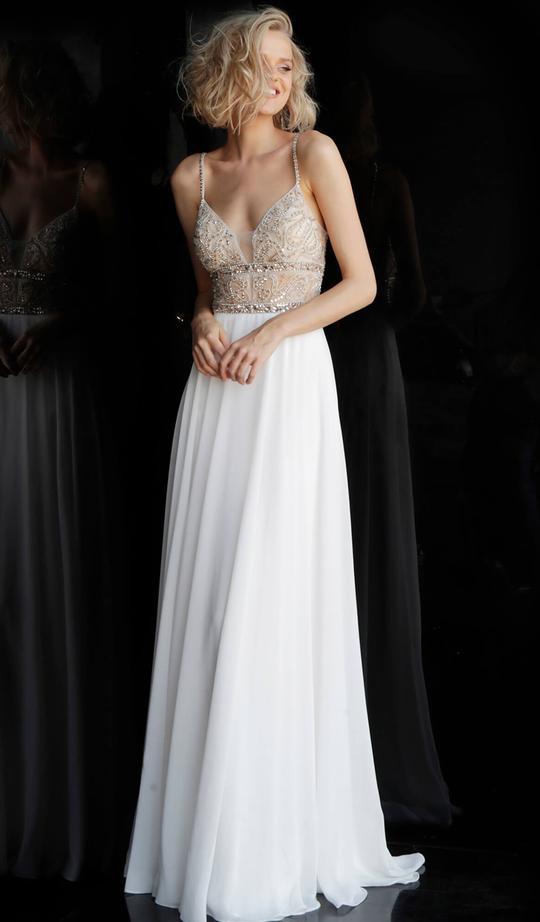 Jovani - Plunging V-Neck Crystalline Bodice A-Line Dress JVN64870 - 1 pc Off-White In Size 6 Available CCSALE 6 / Off-White