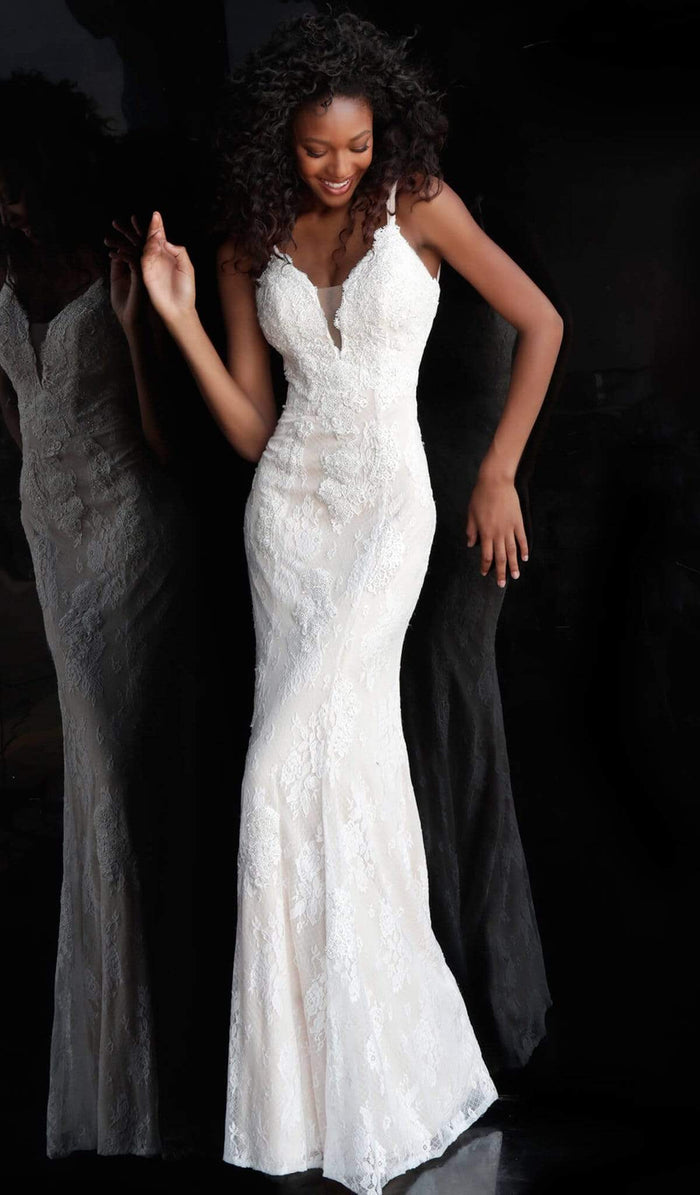 Jovani - Plunging V-Neck Lace Trumpet Dress With Train JVN66971SC - 1 pc Ivory in Size 2 Available CCSALE 2 / Ivory