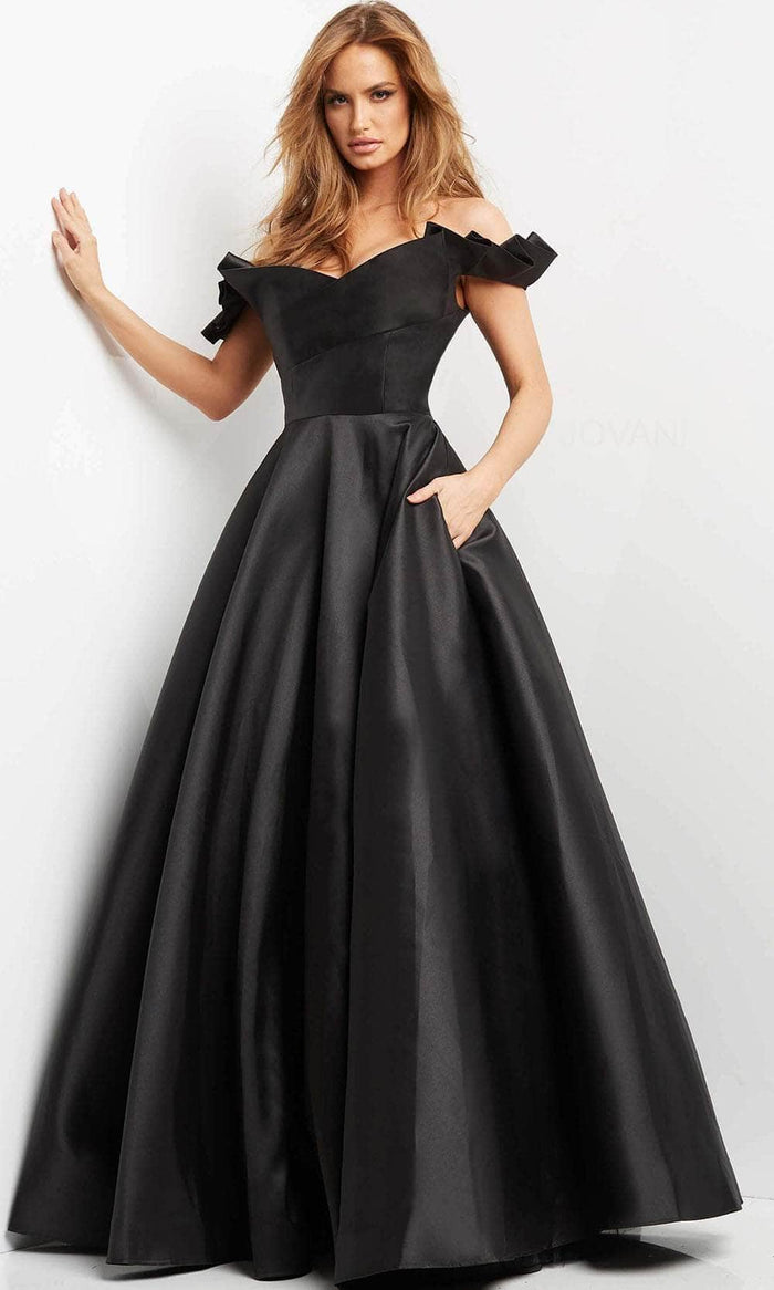Jovani - Ruffle Sleeve Mikado Evening Dress 08579SC - 1 pc Black In Size 12 Available CCSALE 12 / Black