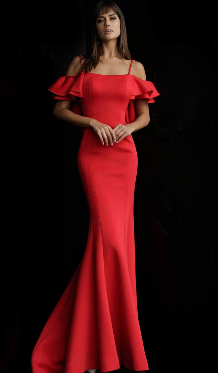 Jovani - Ruffled Off-Shoulder Long Mermaid Dress 57925 - 1 pc Red In Size 2 Available CCSALE 2 / Red