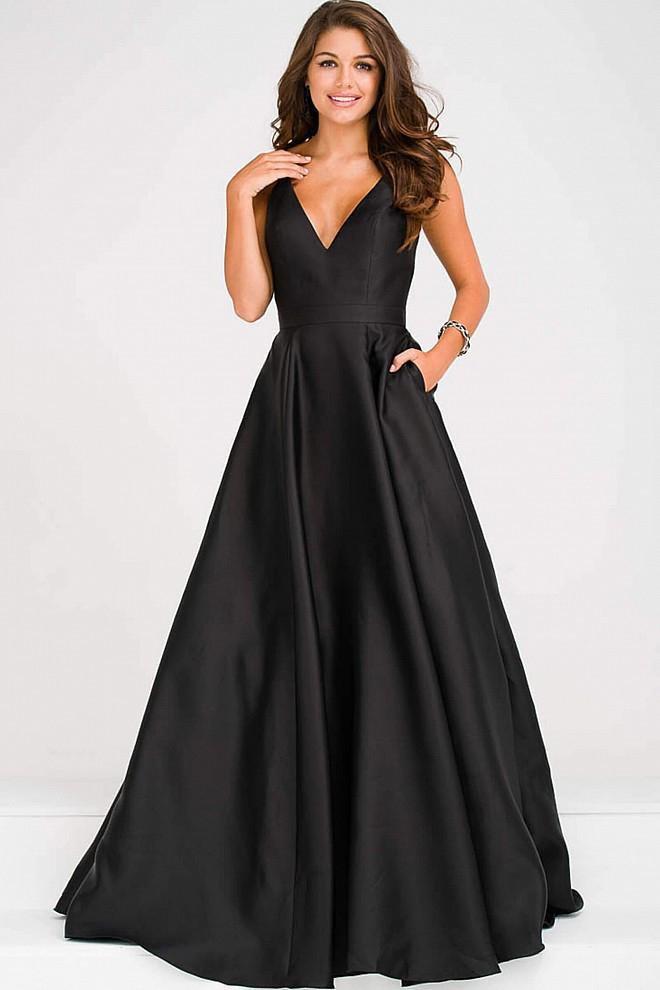 Black Satin Deep V Neck Side Slit Backless Long Evening Prom Dresses, Cheap  Custom Backless Prom Dresses, MR7297