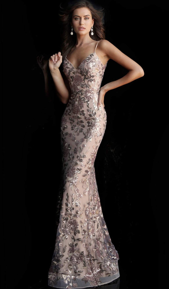 Jovani - Sequined Floral V-Neck Evening Gown 63739 - 2 pcs Nude In Sizes 0 and 2 Available CCSALE 4 / Nude