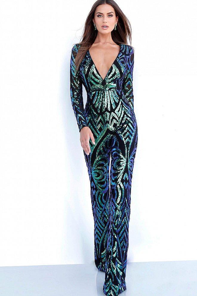 Jovani - Sequined Plunging V Neck Long Sleeves Jumpsuit 66511 - 1 pc Black/Peacock In Size 4 Available CCSALE 8 / Black/Peacock