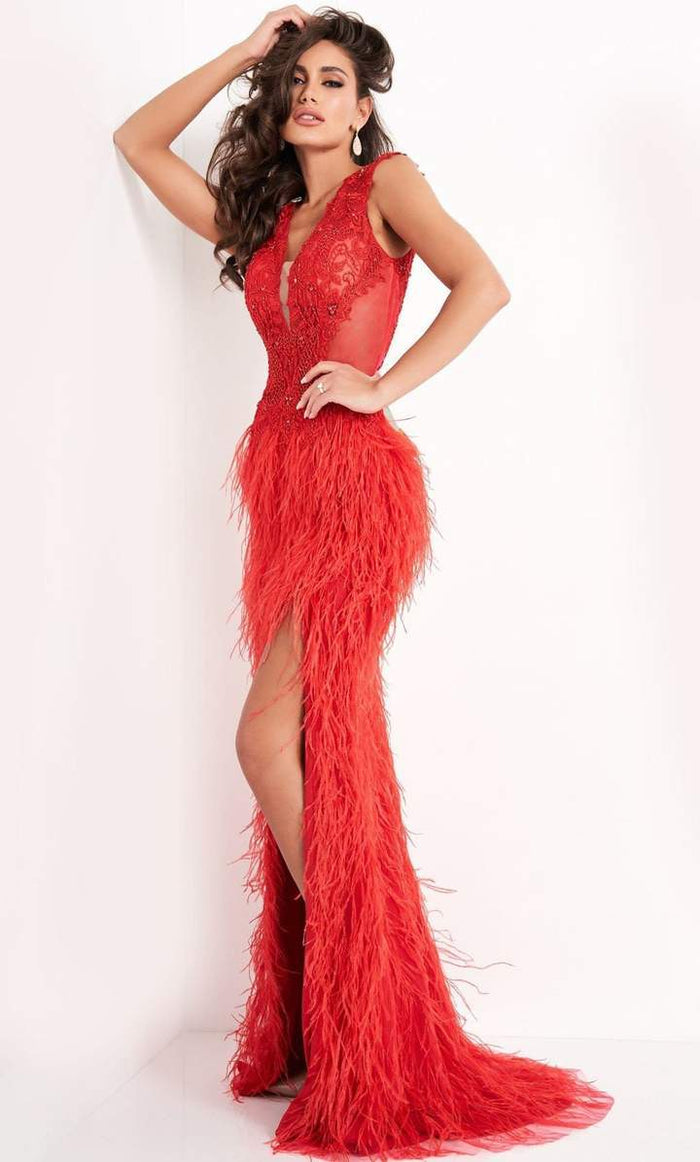 Jovani - Sleeveless V Neck High Slit Feather Skirt Prom Dress 06446SC - 1 pc Red In Size 8 Available CCSALE 8 / Red