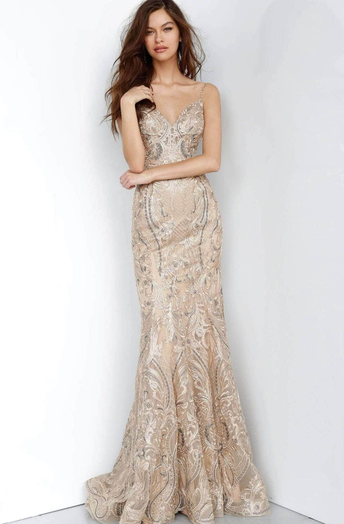 Jovani - Spaghetti Strap Fitted Evening Dress JVN00916SC - 1 pc Gold In Size 8 Available CCSALE 8 / Gold