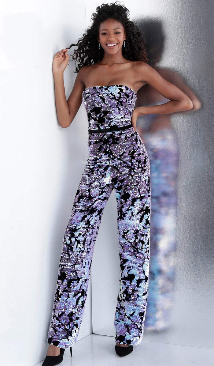Jovani - Straight Across Sequined Fitted Jumpsuit 67849SC - 2 pcs Multi-Color in Size 6 and 12 Available CCSALE 12 / Multi-Color