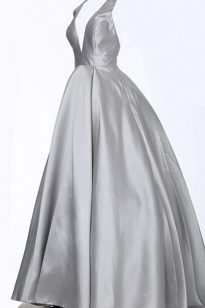 Jovani - V Neck Mikado Prom Ballgown with Pleated Skirt JVN47530 Bridesmaid Dresses 00 / Grey