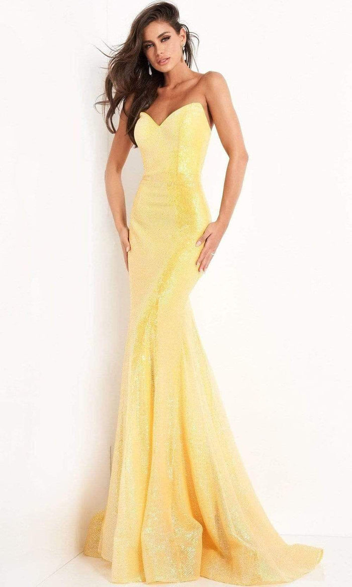 Jovani - V-Neck Sequin Embellished Mermaid Dress 04831SC - 1 pc Yellow In Size 8 Available CCSALE 8 / Yellow