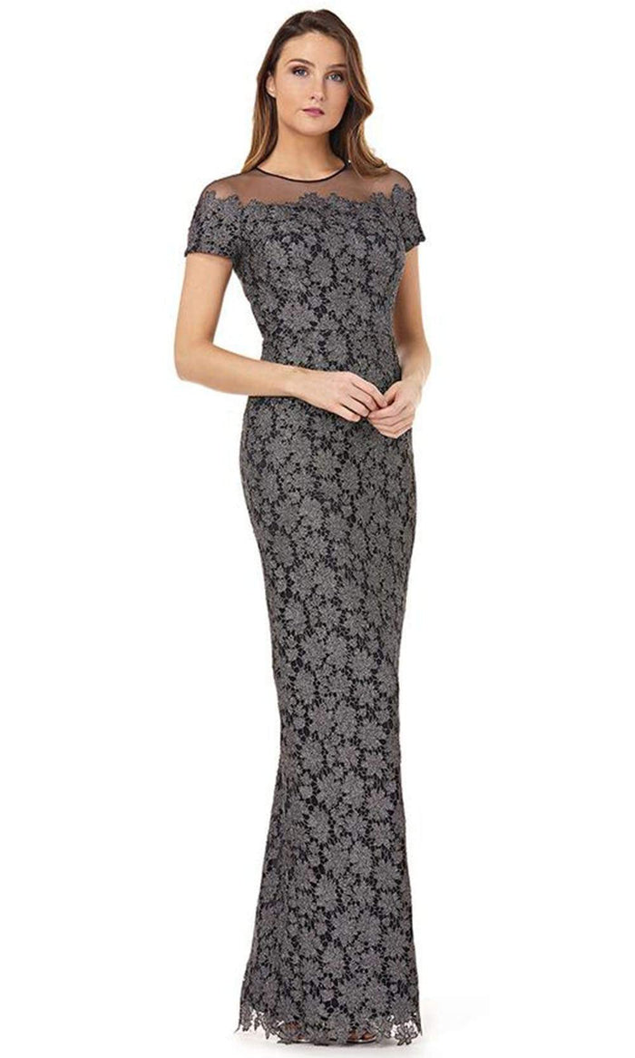 JS Collections - 866683 Floral Lace Illusion Jewel Sheath Dress Mother of the Bride Dresses 4 / Gunmetal