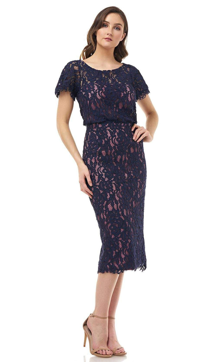 JS Collections - 866800 Short Sleeves Blouson Lace Sheath Midi Dress Evening Dresses 2 / Navy Rose