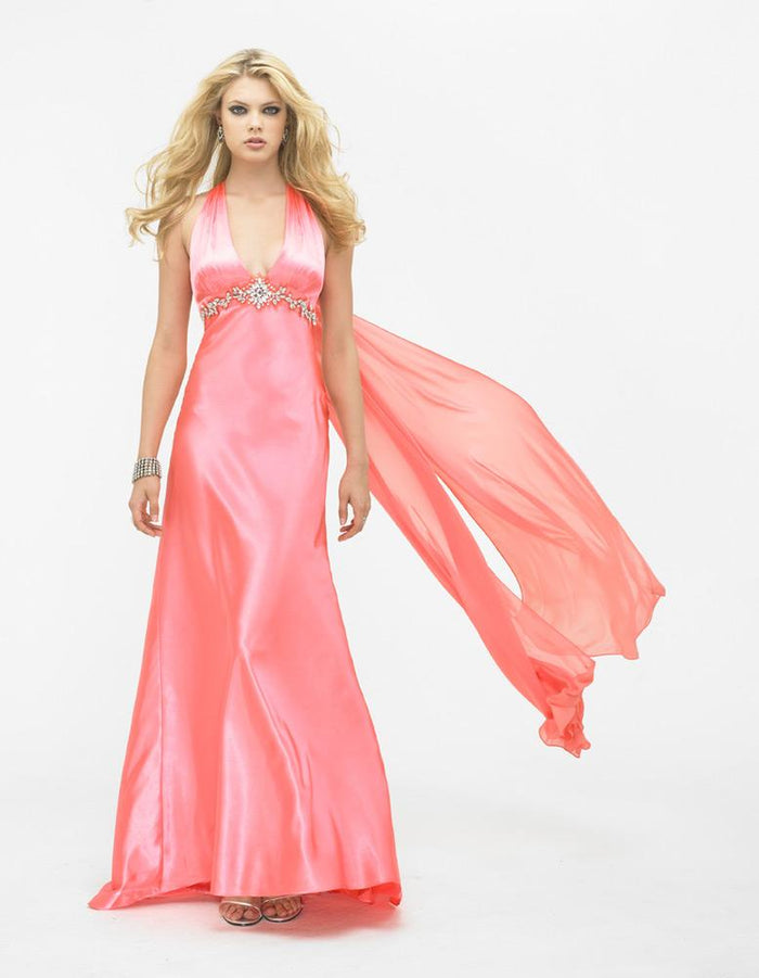 La Femme - 12262 Halter Style Bead Embellished Empire Evening Gown Special Occasion Dress 00 / Coral