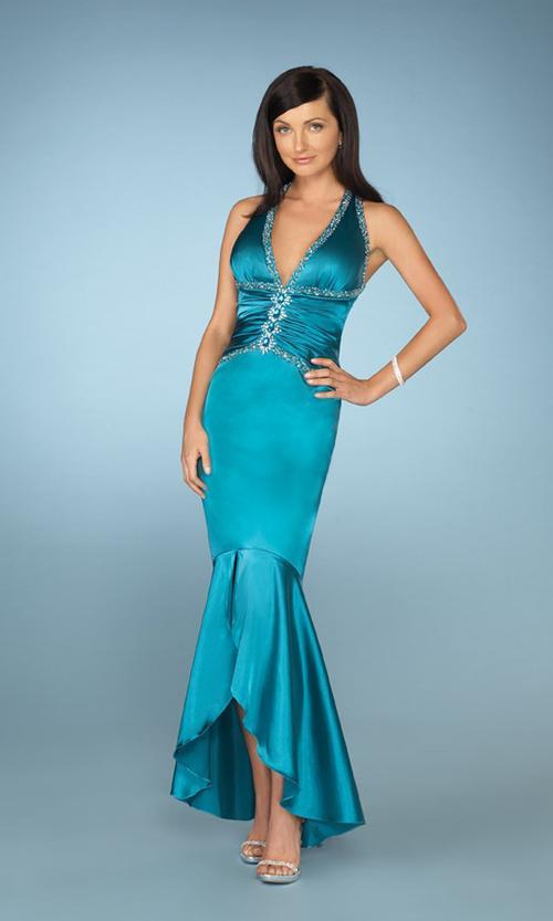La Femme - 12278 Halter V Neck High Low Mermaid Prom Dress Special Occasion Dress 00 / Aqua
