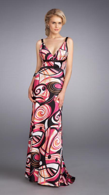 La Femme - 13262 Vibrantly Print V-Neck Sheath Gown with a Brooch Accent Special Occasion Dress 00 / Fuchsia/Print