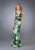 La Femme - 13262 Vibrantly Print V-Neck Sheath Gown with a Brooch Accent Special Occasion Dress 00 / Green/Print