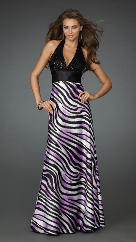 La Femme 14257 Sleeveless Plunging Printed Long Gown in Purple - 1 Pc Purple in Size 2 Available CCSALE 2 / Purple