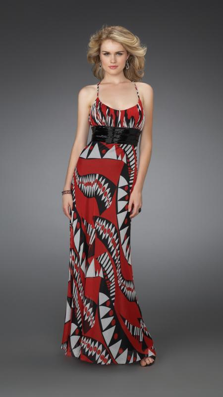 La Femme - 14359 Long Printed Dress with Pleated Waistband
