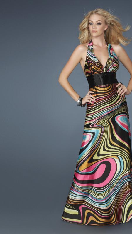 La Femme - 14369 Long Haltered Gown in Optical Multi-color Print Special Occasion Dress 00 / Black/Multi