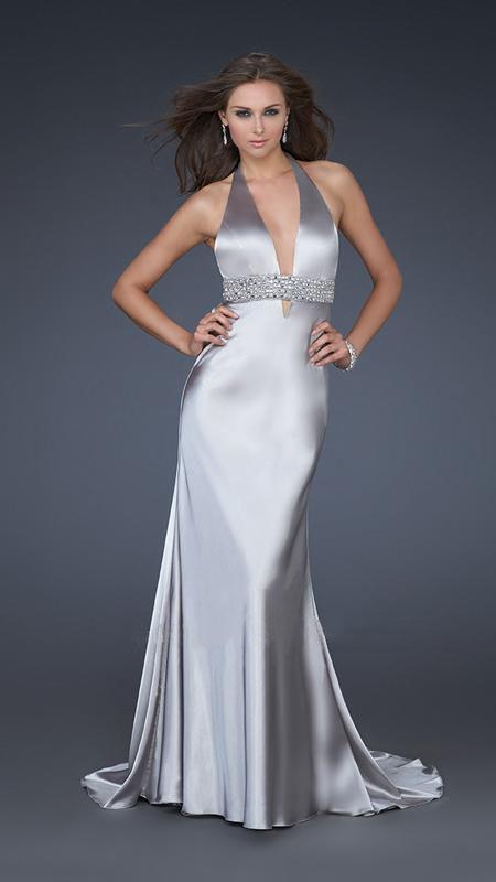 La Femme 14743 Plunging Halter Embellished Waist Gown - 1 pc Silver in size 6 Available CCSALE 6 / Silver