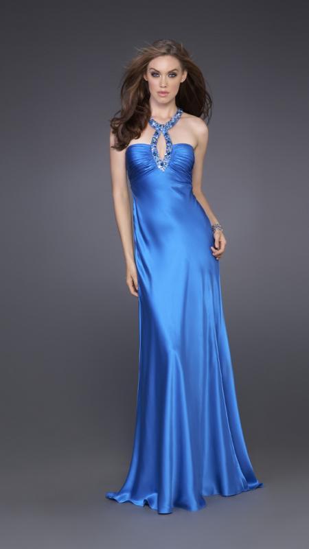 La Femme - 15578 Distinctively Embellished Neck Strap Sheath Gown Special Occasion Dress 00 / Ocean Blue
