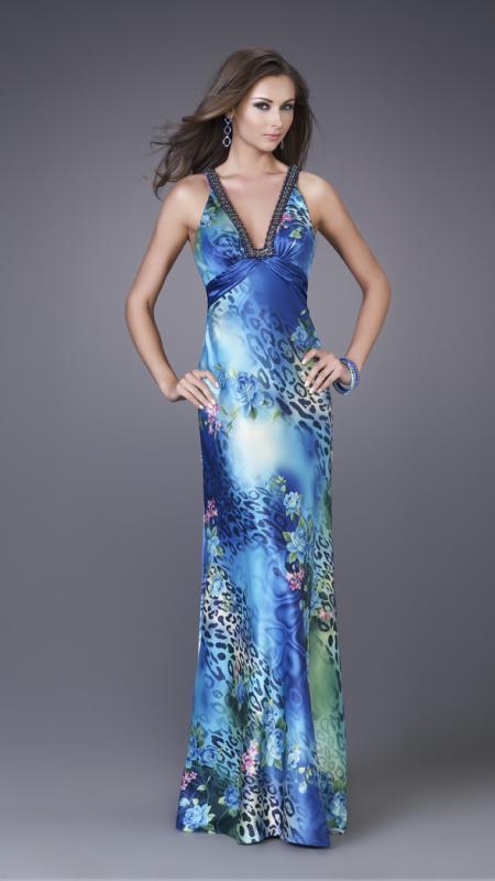 La Femme - 15734 Feisty Floral and Animal Print V-Neck Sheath Gown Special Occasion Dress 00 / Blue