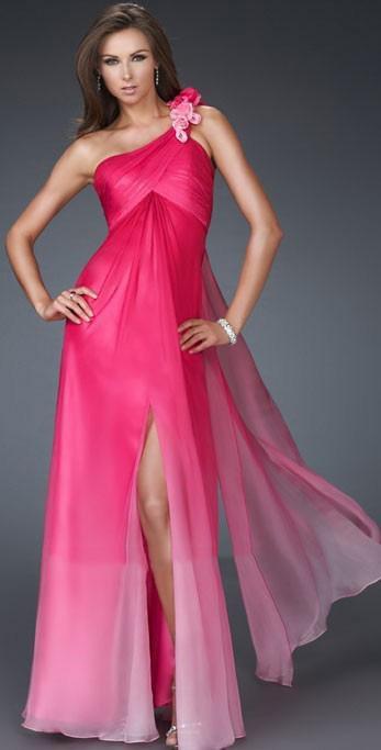 La Femme - 16545 Floral-Accented Ruched Asymmetric A-line Dress  Couture  Candy