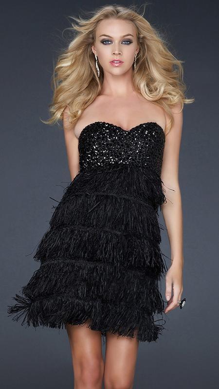La Femme - 17078 Black Feathery Empire Waist Cocktail Dress Special Occasion Dress 00 / Black