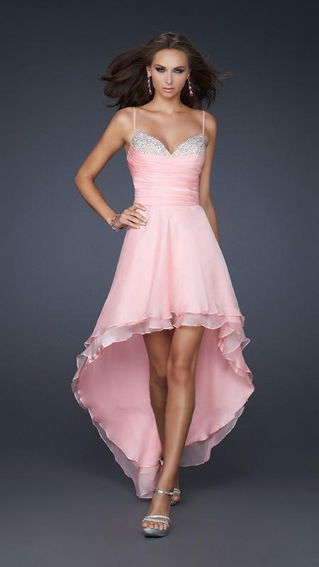 La Femme - 17141 Spaghetti Strap Sparkling Sweetheart Bust Hi-Low Style Dress