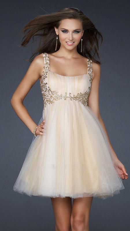 La Femme - 17500 Embellished Square Neck Empire Waist Short Dress Special Occasion Dress 00 / White/Nude