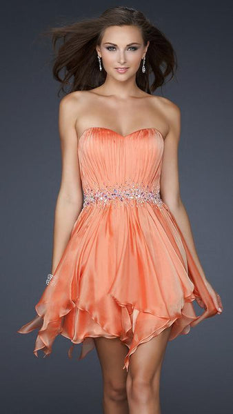 La Femme - 17544 Pleated Sweetheart Beaded Chiffon A-line Dress 4 / Orange