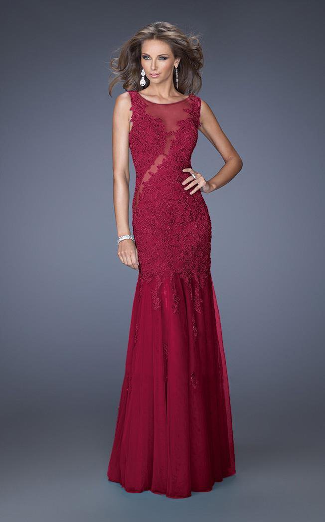 La Femme 19420 Sleeveless Illusion Paneled Lace Mermaid Gown - 1 Pc Cranberry in Size 0 Available CCSALE 0 / Cranberry
