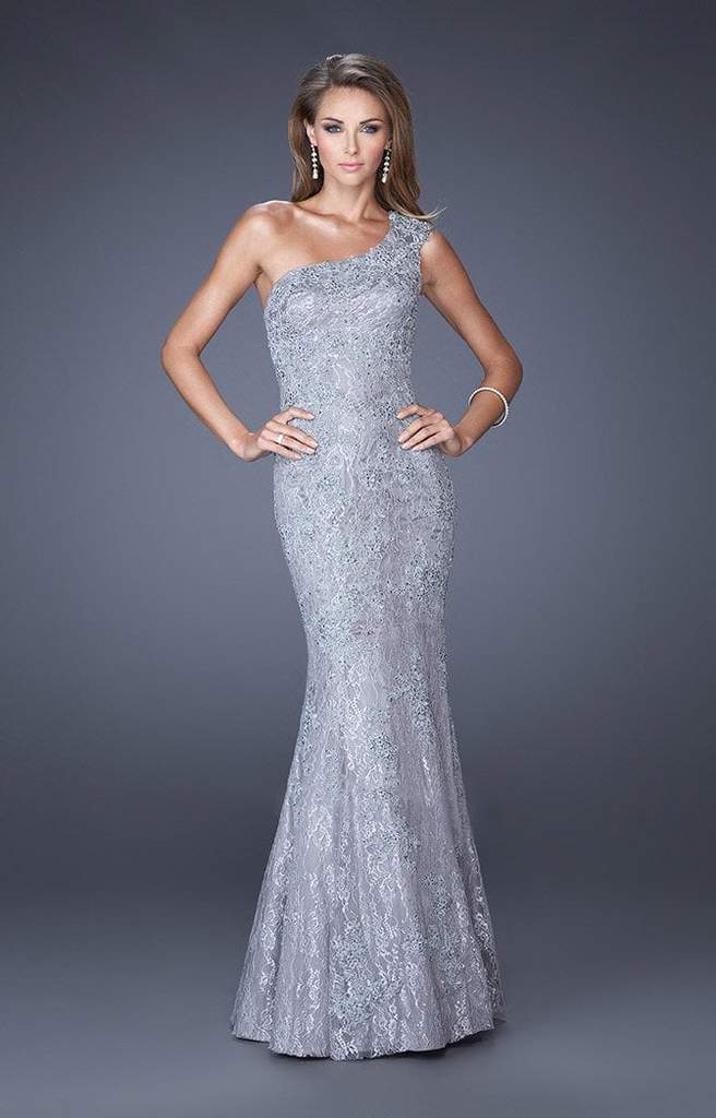 La Femme - 19604 Asymmetrical Cap Sleeve Jeweled Lace Mermaid Gown - 1 pc Platinum in Size 4 Available CCSALE 4 / Platinum