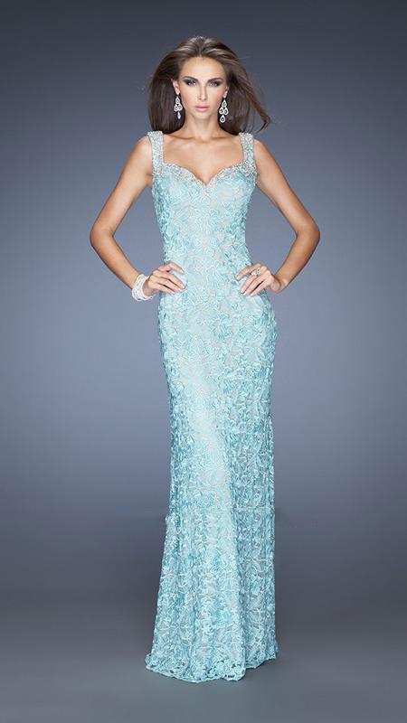 La Femme - 20121 Magnificently Embellished Lace Sweetheart Sheath Gown Special Occasion Dress 00 / Ice Blue
