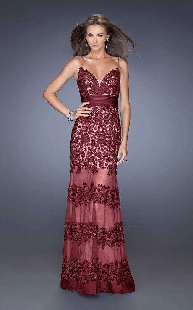 La Femme - 20131 Sweetheart Floral Lace Striped Evening Dress Special Occasion Dress 00 / Garnet