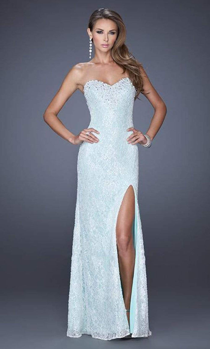 La Femme - 20165 Dainty Strapless Sweetheart Sheath Gown with Slit Special Occasion Dress 00 / Mint/White