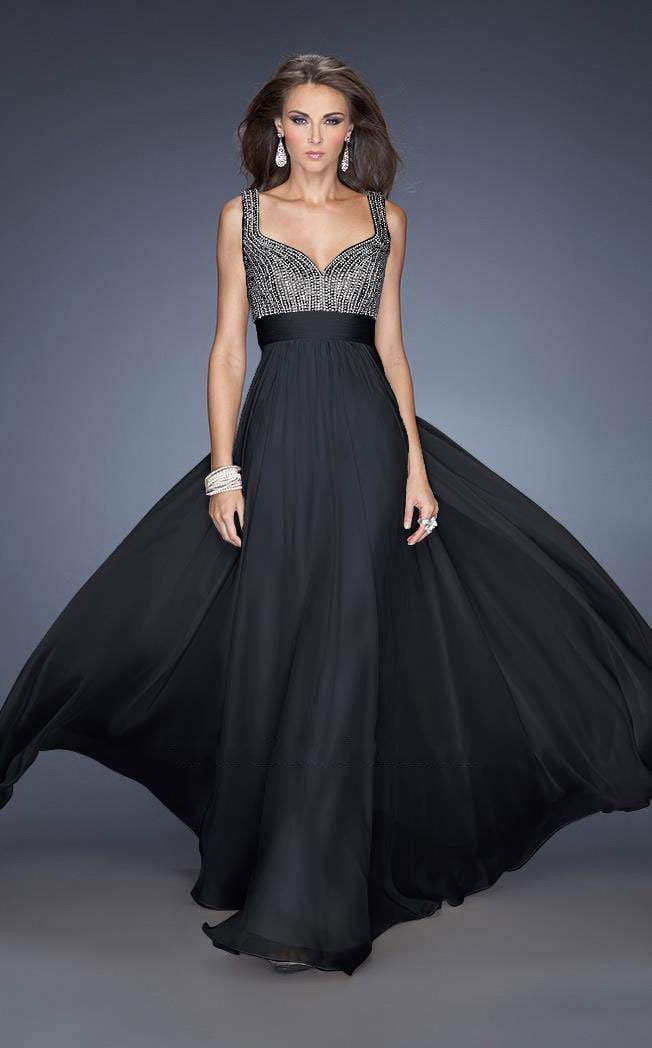 La Femme - 20203 Rhinestone Embellished Sweetheart Chiffon A-line Gown Special Occasion Dress 00 / Black