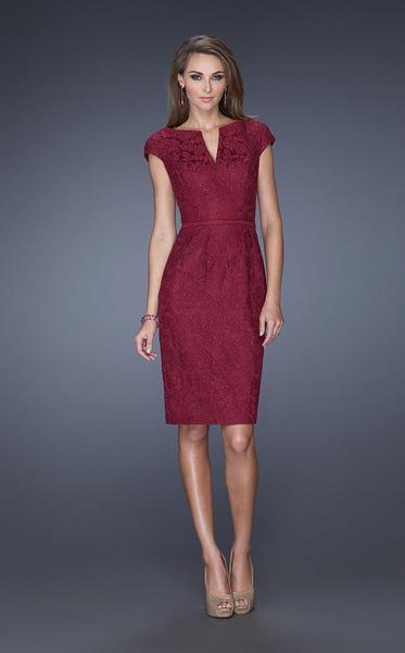 La Femme - 20501SC Modern Lace Split V-Neck Short Column Dress CCSALE 12 / Dark Cranberry