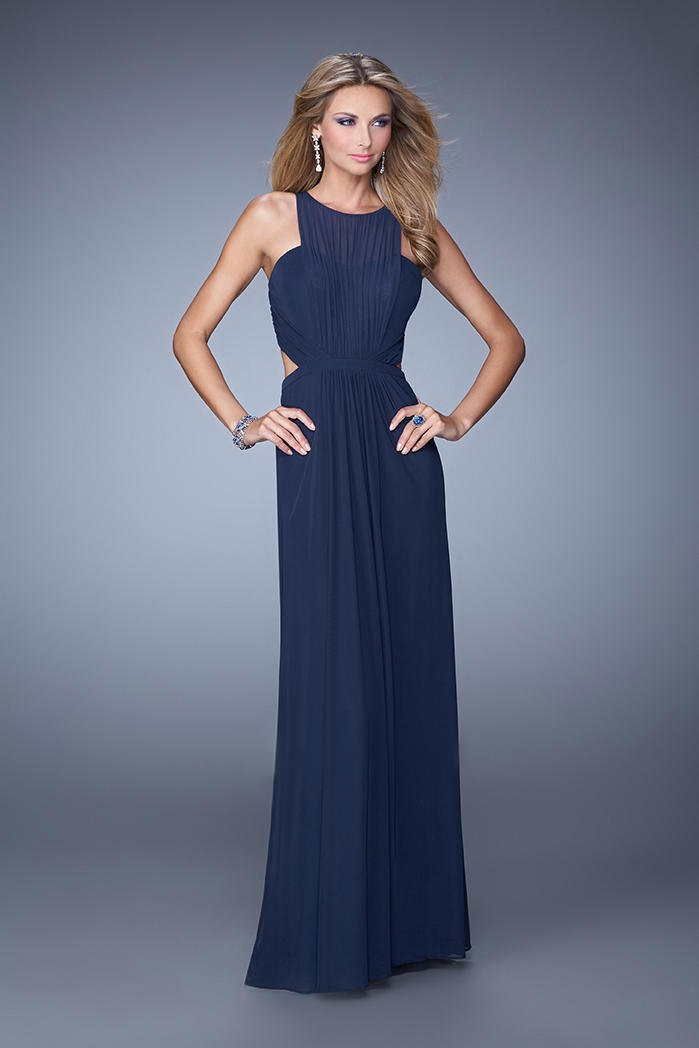 navy blue cutout dress La Femme - 21187 Gathered Panel Cutout Gown 4 / Navy
