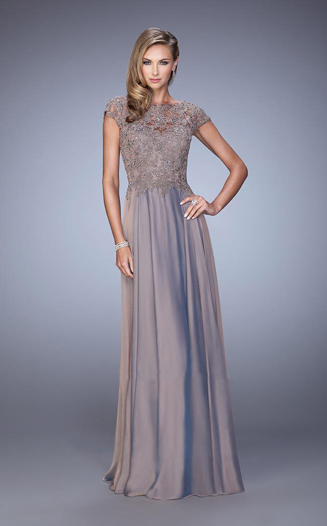 La Femme - 21627 Illusion Lace Chiffon Gown Special Occasion Dress 0 / Cocoa