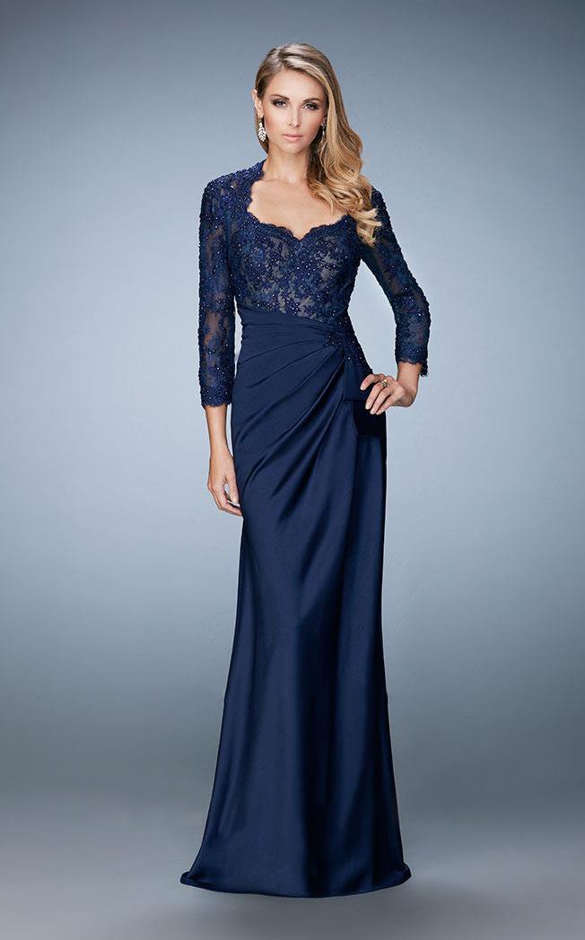 La Femme - 21944 Embroidered Lace Ruched Evening Dress - 1 Pc. Navy in size 8 Available CCSALE 10 / Navy