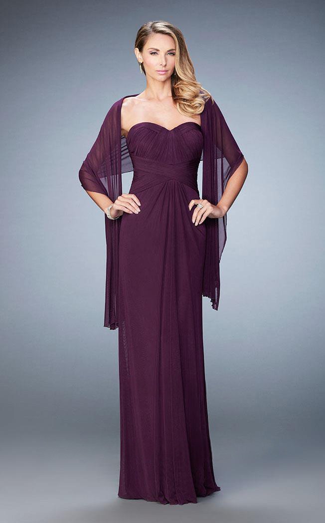 La Femme - 23023 Strapless Ruched Sheath Long Dress with Shawl Special Occasion Dress 0 / Eggplant
